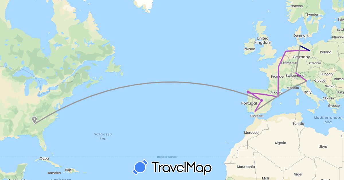 TravelMap itinerary: driving, plane, train in Switzerland, Germany, Spain, France, Italy, Netherlands, United States (Europe, North America)